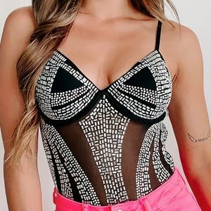 Black Mesh Rhinestone Bodysuit